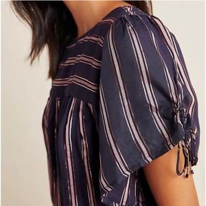 Anthropologie Navy Peasant Top with Pink and Metallic Stripes-Size XS